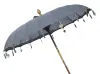 Product image 2 of the product “Bali umbrella , dark grey 2 with wooden coins and gold leaves hanging around the edge. Approx. 230cm dia. and 250cm height ”